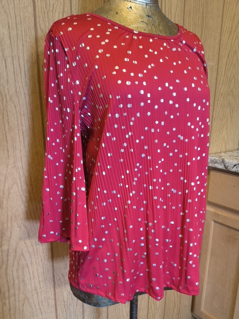 Fyve Vibrant Red With Silver Polka Dot Print 3/4-Sleeve Top Soft Draping Pleated